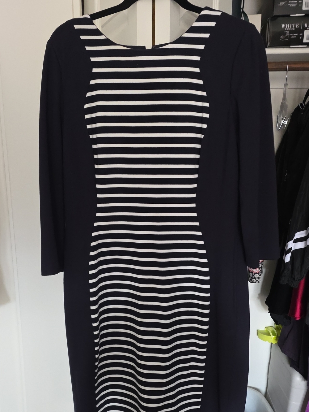 ANTONIO MELANI Navy and White Striped Long Sleeve Sheath Dress